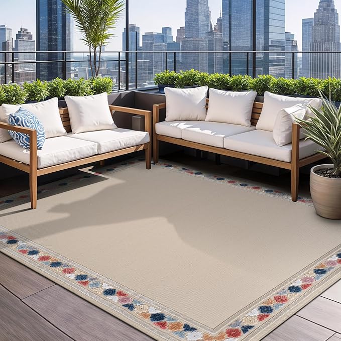 Beverly Rug Outdoor Rug 9x12 Modern Bordered Large Area Rugs for Indoor and Outdoor Patio Easy to Clean Non Shedding Living Room Porch Garden Washable Outside Carpet (9 x 12 Beige)-Ruum Studio Home