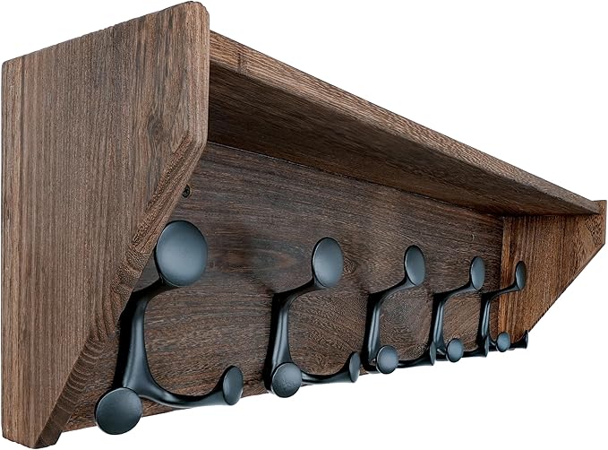 SKOLOO Wall Shelf with Hooks, 24-Inch Weathered Brown Coat Rack Wall Mount with Shelf Organizer - Lightweight & Sturdy, 5 Tri Hooks - Perfect for Entryway, Hallway, Living Room, Bedroom, Mudroom-Ruum Studio Home