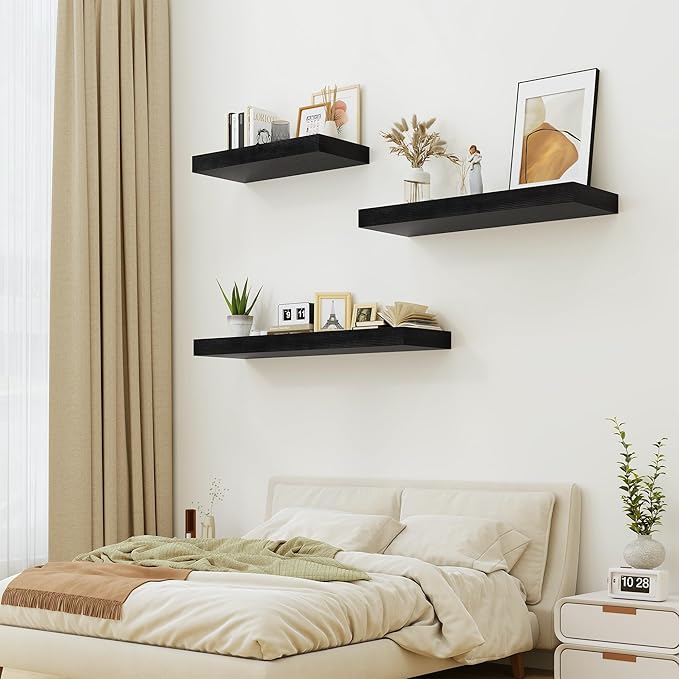 12" Deep Black Floating Shelves,Over Toilet Long Wall Mounted Modern Farmhouse 36 inches,Wall Shelves with Invisible Brackets for Bedroom, Bathroom, Living Room, Kitchen, Set of 1-Ruum Studio Home