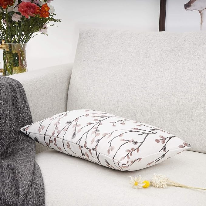 YOUR SMILE Classical Embroidery Jacquard Farmhouse Oblong Rectangle Chenille Red Leaf Decorative Throw Pillow Case,12x20 inch-Ruum Studio Home