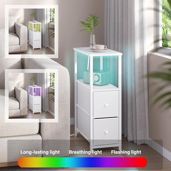 TUTOTAK Small Narrow LED End Table with Charging Station, Side Table Outlets, Nightstand with 2 Cloth Drawers, Couch Table, for Living Room, Bedroom, Bedside, White TB01BW085L-Ruum Studio Home