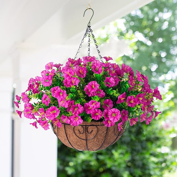 Ivydale Artificial Silk Hanging Plants Flowers Basket for Outdoor Outside Summer Decoration, Fake Faux UV Sun Resistant Look Real Morning Glory Fuchsia for Porch Patio Balcony Home-Ruum Studio Home