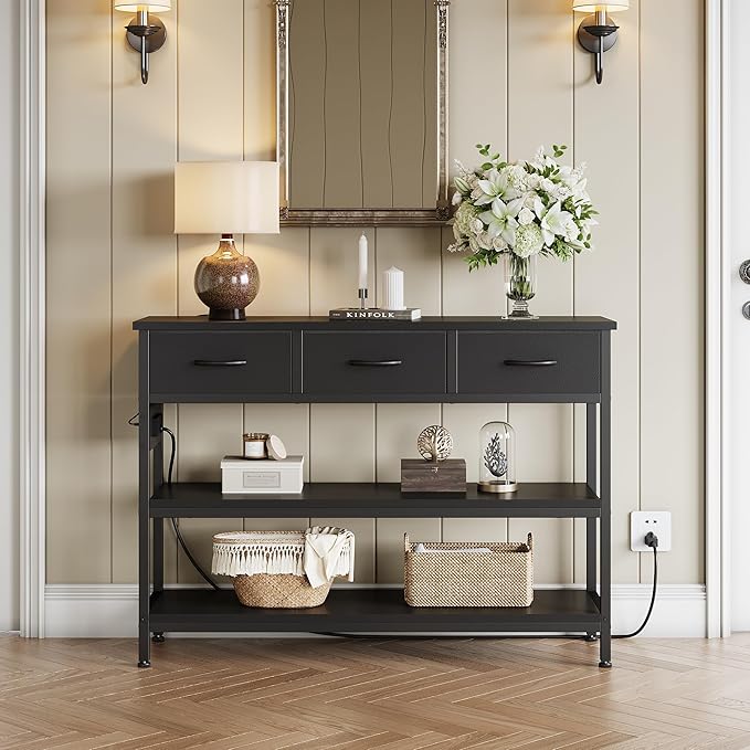 Lulive Entryway Table with Power Outlets, Console Table with 3 Fabric Drawers, Sofa Table for Living Room, Hallway, Couch, Foyer, Height Adjustable (Black, 43")-Ruum Studio Home