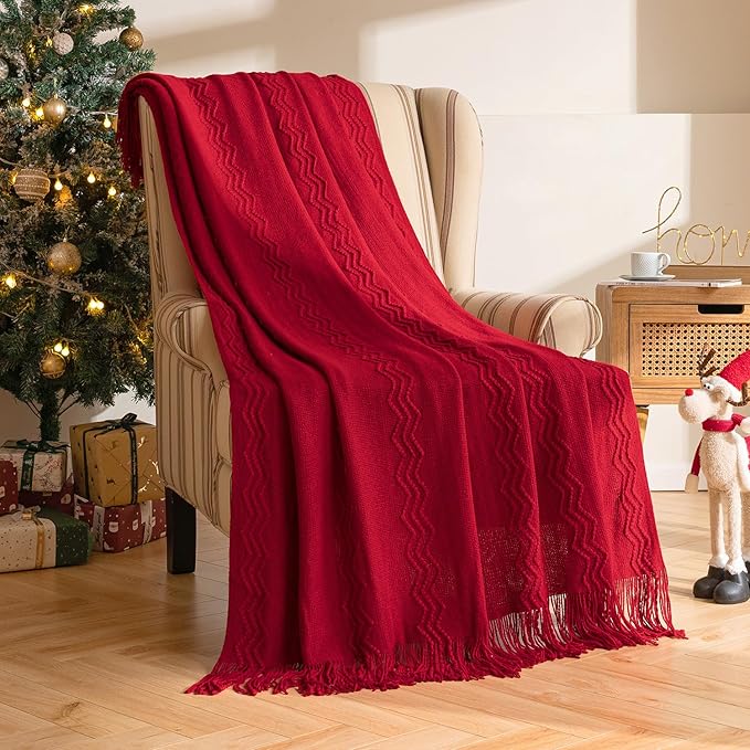 MIULEE Burgundy Red Knitted Throw Blanket for Couch Boho Textured Cozy Woven Blanket with Tassels for Sofa Chair Bed Living Room Acrylic Wave Pattern 60"x80"-Ruum Studio Home