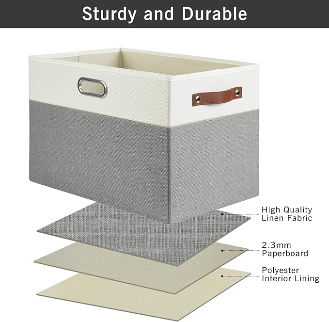Large Collapsible Fabric Storage Bins with 3 Handles, Foldable Organizer Baskets for Closet, Shelves, Living Room | 3 Pack, Durable PU & Metal Handles (17"x11.8"x11.8", Gray & White)-Ruum Studio Home