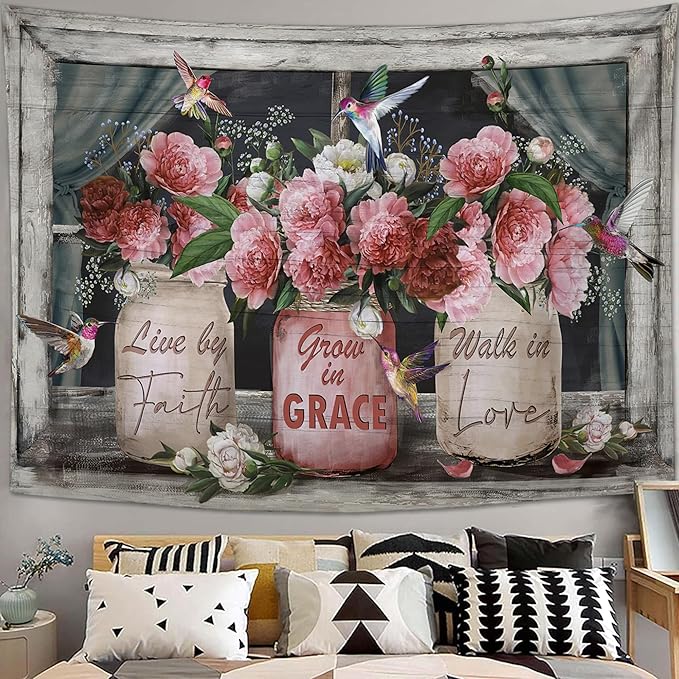 yowecso Farmhouse Rose Tapestry Peony Flower Tapestry Wall Hanging for Bedroom Floral Tapestries Aesthetic Wall Decor for Home Dorm Living Room 50"x60"-Ruum Studio Home