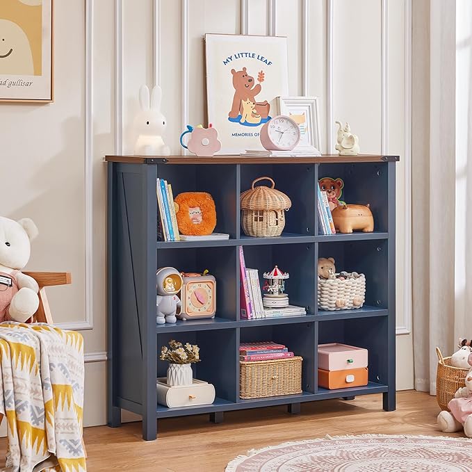 9 Cube Bookcase, Farmhouse 47 Inch Wide Navy Blue Bookshelf, Wooden 3 Tier Display Large Open Book Shelf, Vintage Horizontal Book Case for Home Office, Cubby Storage Cabinet for Living Room-Ruum Studio Home