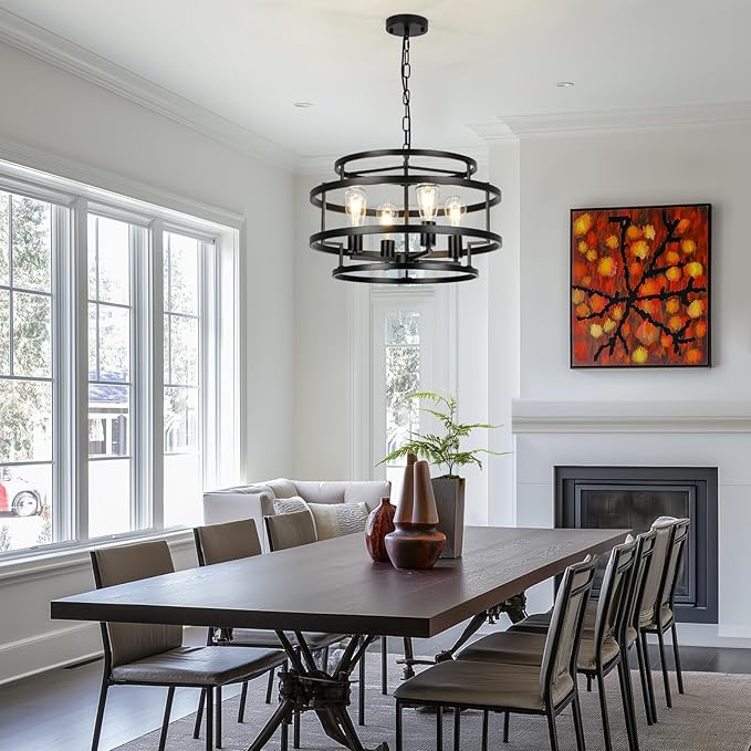 4-Light Black Chandelier for Dining Room, 19.7" Modern Farmhouse Pendant Light with Geometric Metal Frame, Industrial Flush Mount Ceiling Light for Living Room, Bedroom, Kitchen Island, Hallway, Foyer-Ruum Studio Home
