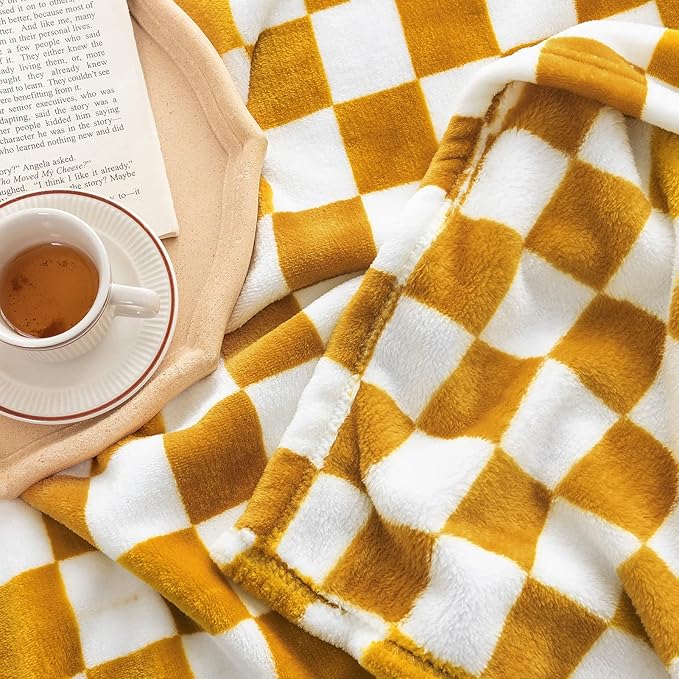 LOMAO Throw Blankets Flannel Blanket with Checkerboard Grid Pattern Soft Throw Blanket for Couch, Bed, Sofa Luxurious Warm and Cozy for All Seasons (Yellow, 50"x60")-Ruum Studio Home