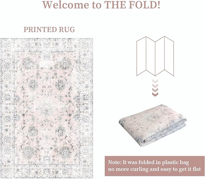 5'x7' Vintage Floral Rug - Persian Inspired Low-Pile Faux Wool Area Rug, Non-Slip Washable Rug for Bedroom, Nursery, Dorm, Soft Pink Boho Chic Decor-Ruum Studio Home