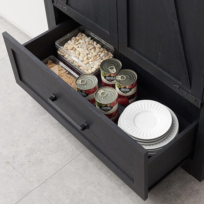 Farmhouse Kitchen Pantry Cabinet - 72" Tall Large Wood Kitchen Storage Cabinets with Adjustable Shelves & 2 Barn Doors & Drawer, Versatile Storage for Dining Room, Bathroom, Living Room, Antique Black-Ruum Studio Home