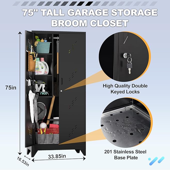 Metal Garage Storage Cabinet, 75” Cleaning Tool Cabinet with Hooks and Hanging Rods, Heavy Duty Garden Tool Organizer, Broom Cabinets for Home, Garage, Laundry Room, Gym, Workshop-Ruum Studio Home