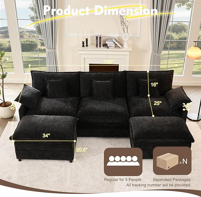 108" U Shaped Couch, Modular Sectional Sofa, 3-Seater Comfy Cloud Couch with Movable Ottoman, Deep Seat Couches for Living Room, Chenille, Black-Ruum Studio Home