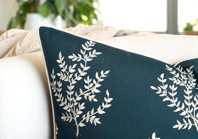 VAGMINE Embroidered Leaves Throw Pillow Cover - 20x20 Inches Square - 100% Cotton Teal Decorative Cushion Cover - Luxurious Embroidery Pattern - Vibrant Boho Accent for Sofa, Bed, Chair, Living Room-Ruum Studio Home