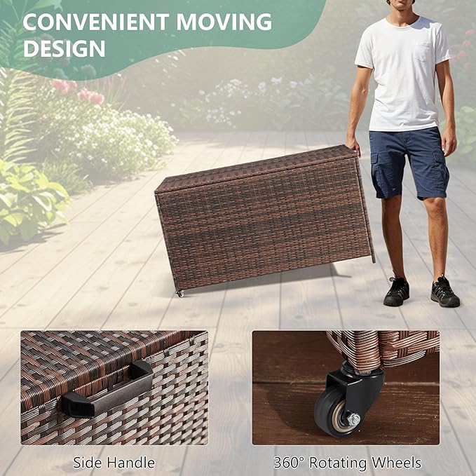 HOMREST Large Deck Box, Outdoor Wicker Storage Container with 70 Gallon, Patio Rattan Furniture for Garden Tools, Pillows, Pool, Brown-Ruum Studio Home
