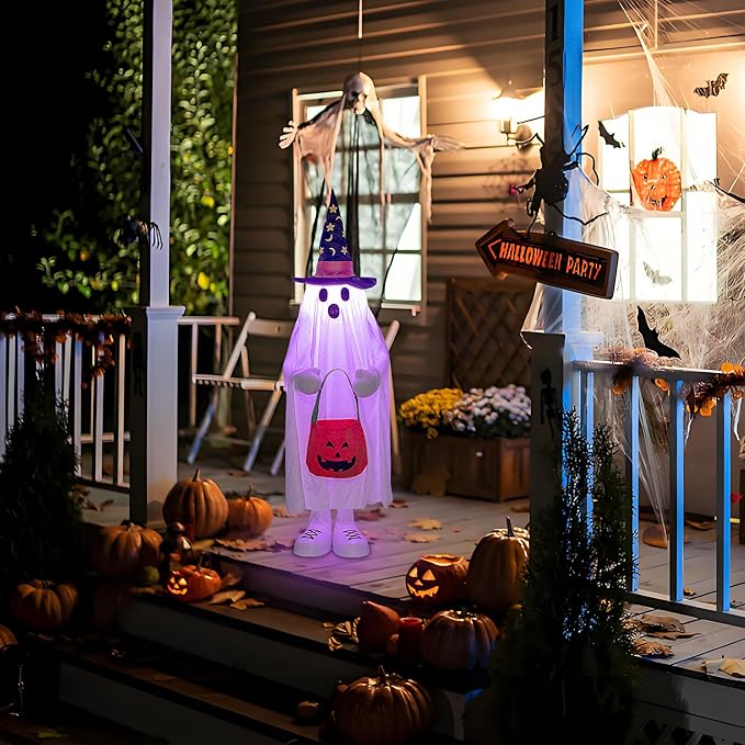 37" Cute Front Porch Light Up Halloween Ghost Décor, Kids Standing Trick or Treat Indoor and Outdoor Decorations-Star Moon-Ruum Studio Home