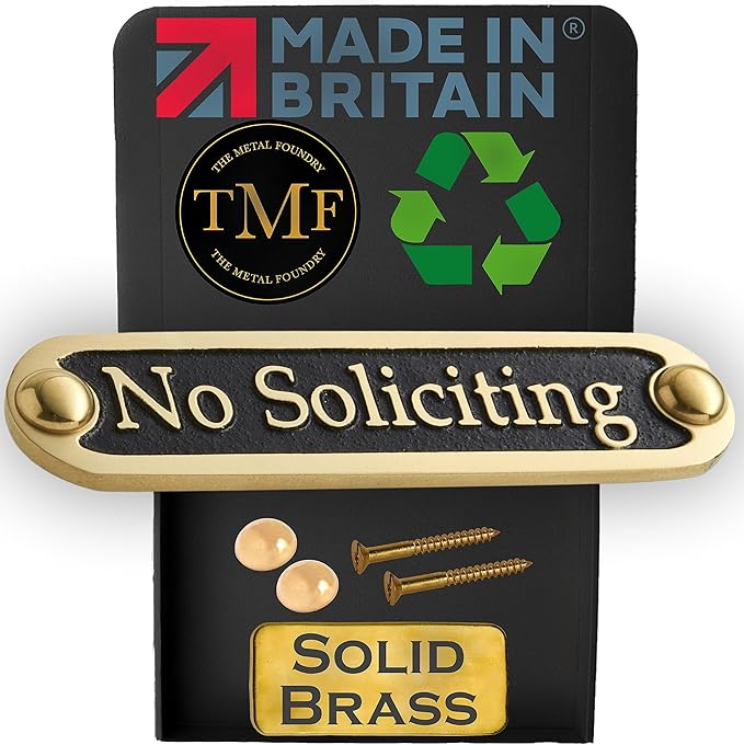 No Soliciting Brass Door Sign. Traditional Style Home Décor Wall Plaque Handmade By The Metal Foundry UK.-Ruum Studio Home