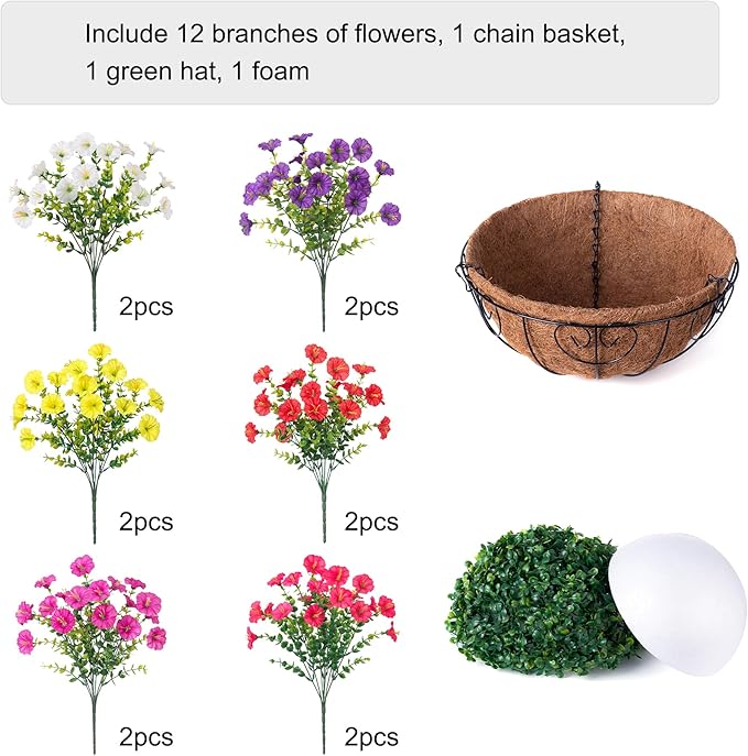 Artificial Faux Hanging Flowers Plants Basket for Outdoors, Silk Morning Glory with Eucalyptus in Planter Look Real UV Resistant Fake Flowers for Porch Outside Patio Balcony Yard Indoor Summer Decor-Ruum Studio Home