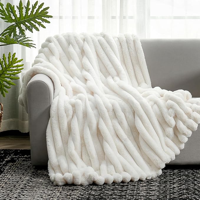 Cozy Bliss Faux Fur Throw Blanket for Couch, Cozy Warm Plush Striped Blanket for Sofa Bedroom Living Room, 60 * 80 Inches Cream White-Ruum Studio Home
