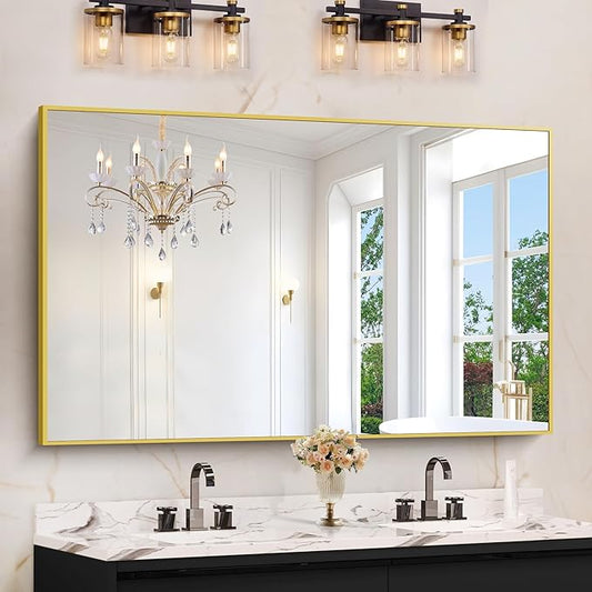 Gold Bathroom Mirror for Wall, 60x36 Inch Rectangle Mirrors with Metal Frame, Modern Vanity Wall Mirror Decor for Bathroom Living Room, Entryway Hangs Horizontal or Vertical-Ruum Studio Home