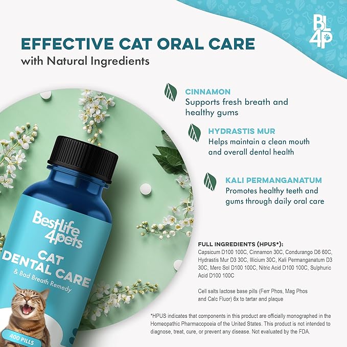 Cat Bad Breath & Oral Health Remedy, Natural Dental Care Cats Teeth, Mouth and Gums, Easy to Use Daily Supplement for Stomatitis, Gingivitis, Plaque & Tartar Control for Cats, 800 Small Pills-Ruum Studio Home