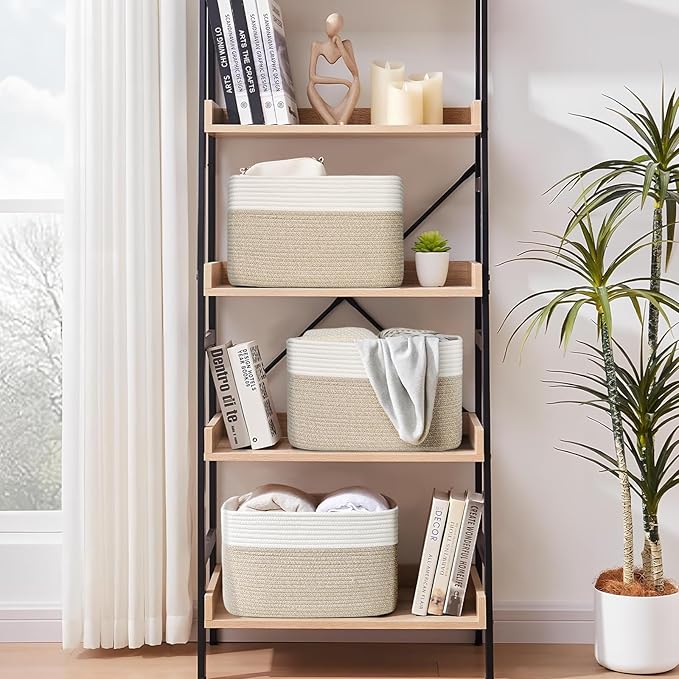 Shelf Baskets for Organizing, Woven Storage Basket for Shelves, Cotton Rope Storage Bins for Toys Books, Nursery Towel Baskets for Classroom, 14.96"X9.8"X8.85", 3-Pack White/Brown-Ruum Studio Home