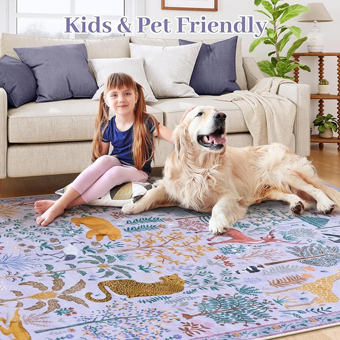 OJIA Animal Washable Area Rug 8x10, Boho Rugs for Living Room Playroom 8 x 10 Kids Bedroom Rugs, Non-Slip Ultra-Thin Indoor Large Floor Carpet for Dining Room Nursery Farmhouse-Ruum Studio Home
