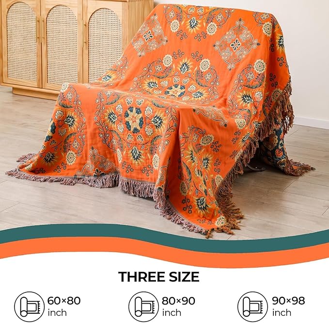 Throw Blanket for Couch Bed Chair,100% Cotton Soft Lightweight Blanket Rustic Quilt -Orange Floral Printed Farmhouse Decor Bed All Season Blankets,90"×98"-Ruum Studio Home