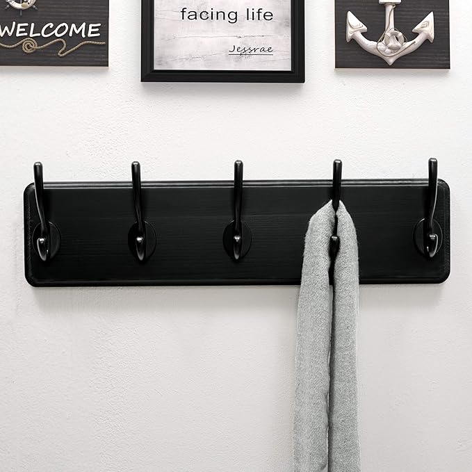Dseap Wall Mounted Coat Rack: Patented, Heavy-Duty, 17.4" Long 5-Double-Hooks Wooden Hanger Rail for Winter Coats, Hats, Jackets, Clothing - Black, Pack of 2-Ruum Studio Home