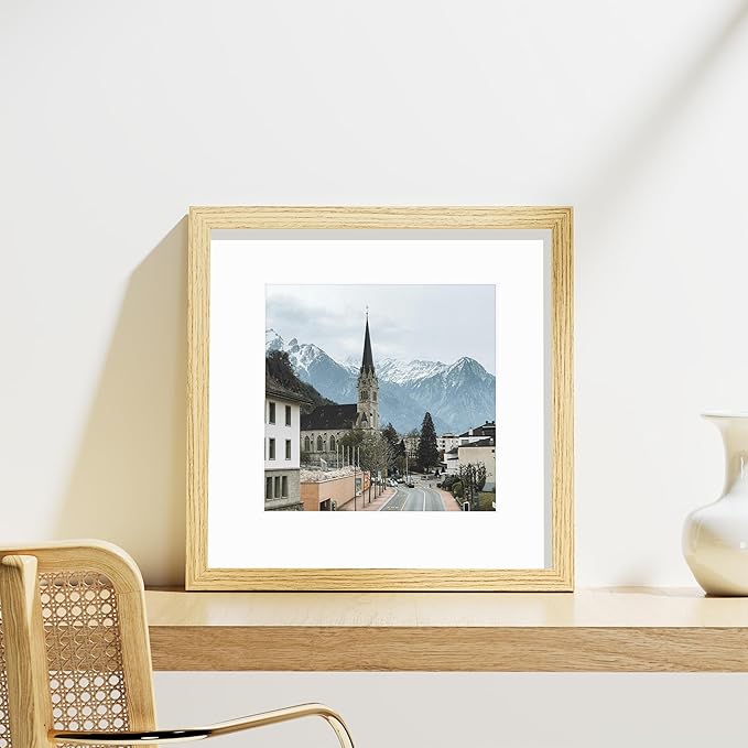 Vittanly 12x12 Picture Frames Set of 9, Shatter Resistant Plexiglass, Display 8x8 Pictures with Mat or 12x12 without Mat, Photo Frames for Wall Mount, Engineered Wood, OAK-Ruum Studio Home
