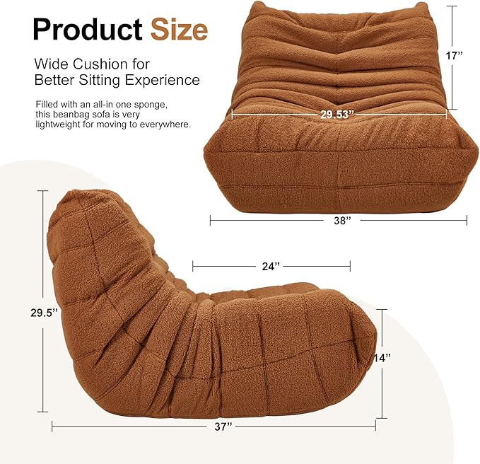Bean Bag Chairs for Adults Giant Bean Bag Chair Memory Foam BeanBag Chair Big Bean Bag Sofa with Filler Faux Fur Fireside Beanbags Lazy Sofa for Living Room Bedroom Dorm Office (Brown Teddy)-Ruum Studio Home