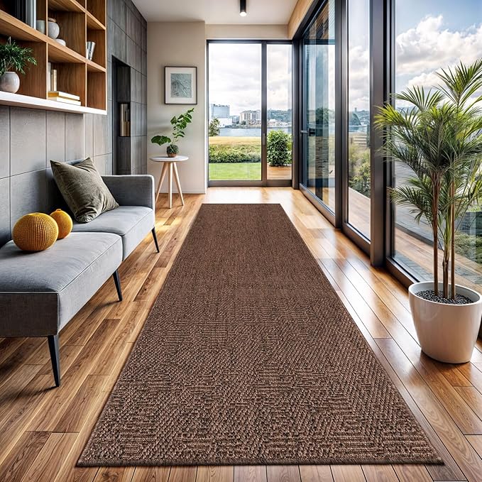 CAMILSON Indoor and Outdoor Runner Rug Brown Solid Boho Woven Design Easy-Cleaning Non Shedding Fiber Living Room Bedroom Garden Patio and Kitchen Washable Outside Carpet Alfombras (2x7)-Ruum Studio Home