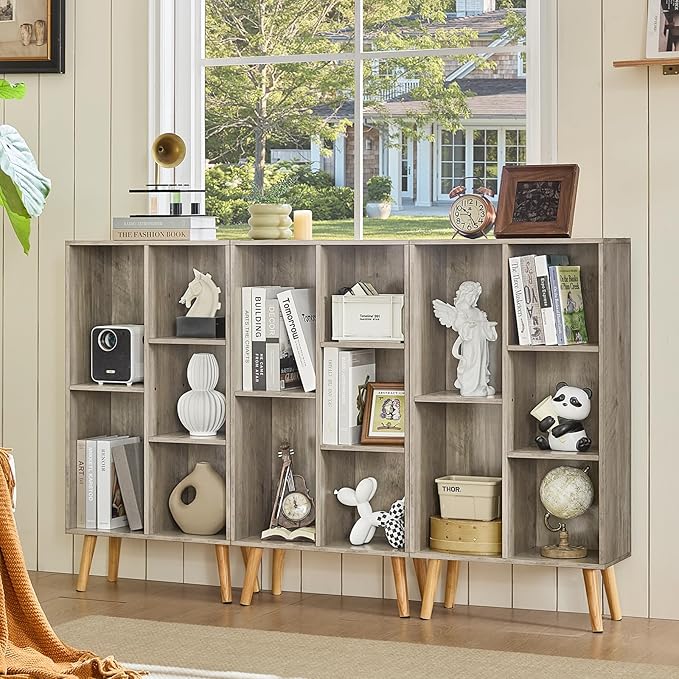 5 Cube Small Bookshelf,3 Tier Mid-Century Modern Bookcase with Legs,Wood Bookshelves Storage Organizer Shelf,Free Standing Narrow Book Shelves,Rustic Grey Corner Bookcases for Bedroom,Living Room-Ruum Studio Home