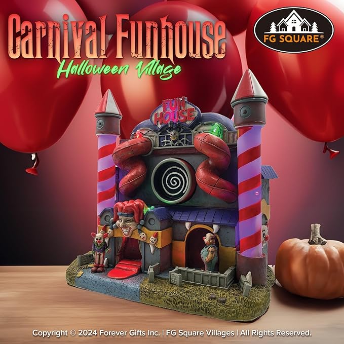 Carnival Funhouse Clown Theme Spooky Halloween Village Multi-Color LED Lights, Motion and Music 9.25" x 5.75" x 9.5"-Ruum Studio Home