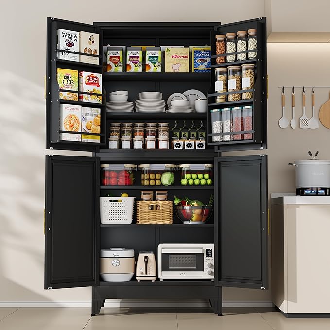 75" H Metal Storage Cabinet, Pantry with 6 Door Shelves and 4 Adjustable Shelves, Leveling Foot for Kitchen, Living Room and Dinning Room, Black-Ruum Studio Home