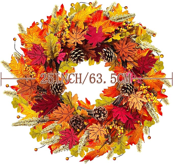 Fall Wreaths for Front Door, 24" Autumn Wreath with Berry Wood Maple Leaves and Pine Cones, Orange Thanksgiving Wreath for Outside Indoor Wall Window Home Festival Decor-Ruum Studio Home