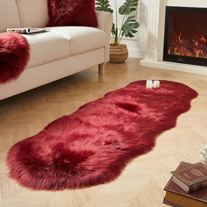 AMTOVO Faux Sheepskin Rug, Burgundy Ultra Soft Fluffy Shag Area Rug, 2 x 6 ft Faux Fur Rug for Bedroom Sofa Throw Cushion Room Decor, Sheepskin-Ruum Studio Home