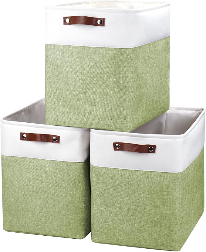 Large Fabric Storage Baskets | 50L Storage Bins, Decorative Linen Closet Baskets with Handles for Organizing, Shelf, Toys, Clothes, Home, Office, Nursery, 17x12x15Inches (Green&White)-Ruum Studio Home