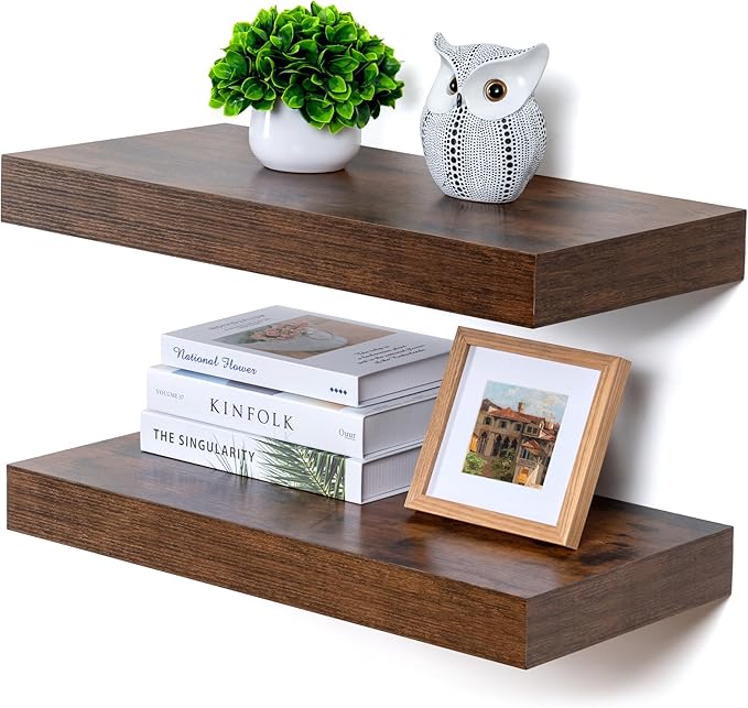 Deep Floating Shelves, 12 Inch Deep Rustic Floating Shelves Set of 2, 24 Inch Large Wall Mounted Wood Shelves for Books Laundry Room Living Room Bedroom Kitchen Home Office - Rustic Brown-Ruum Studio Home