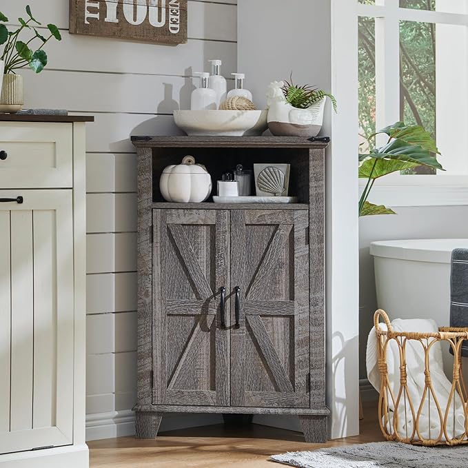 Corner Bathroom Cabinet, Farmhouse Small Corner Cabinet with Barn Door & Adjustable Shelf, Storage Cabinets for Bathroom, Kitchen, Living Room, Grey Wash-Ruum Studio Home