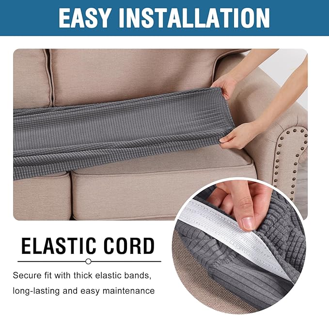 H.VERSAILTEX Super Stretch Individual Seat Cushion Covers Sofa Covers Couch Cushion Covers Slipcover Sets Thick Jacquard Textured Twill Fabric (1 Piece Loveseat Cushion Cover, Grey)-Ruum Studio Home