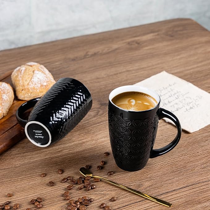 AmorArc Large Coffee Mugs Set of 6, 20oz Ceramic Tall Coffee Mugs Set with Textured Geometric Patterns for Latte/Tea/Beer/Hot Cocoa, Dishwasher & Microwave Safe, Black-Ruum Studio Home