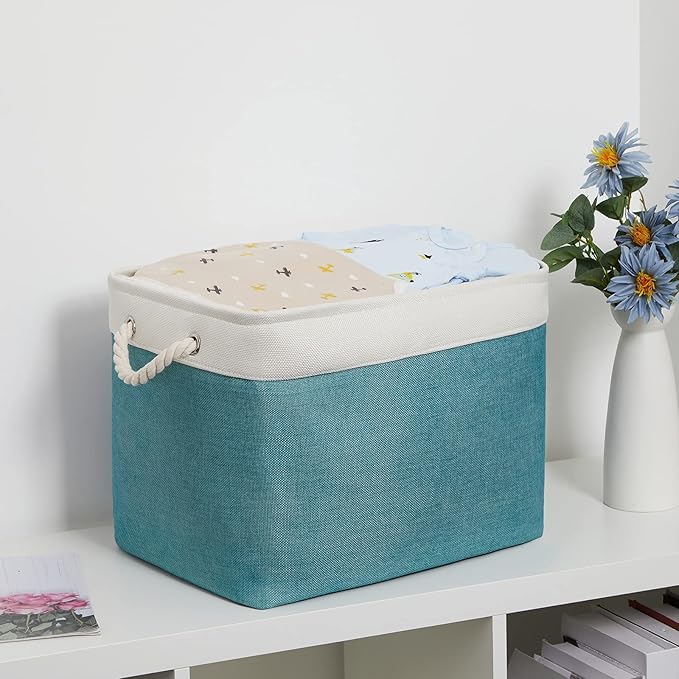 Bidtakay Foldable Storage Bins Set of 2 Tall Cloth Baskets 16" X 11.8" X 11.8" Decorative Organizers for Linen Closet (White & Teal)-Ruum Studio Home