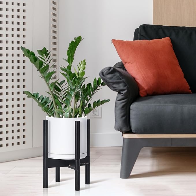 D'vine Dev Ceramic Planter with Ebony Stand - 8 Inch Modern Round Flower Pot with Wood Planter Holder, White, 55-B-M-1-Ruum Studio Home
