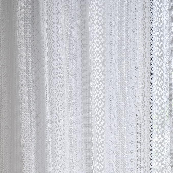 Sutuo Home White Crochet Boho Curtains 63 Inches Length, Sheer Lace Handmade Tassels Knitted Window Treatment Vintage Rustic Bohemian Farmhouse Drape for Bedroom Rod Pocket 1 Panel 59" W x 63" L-Ruum Studio Home