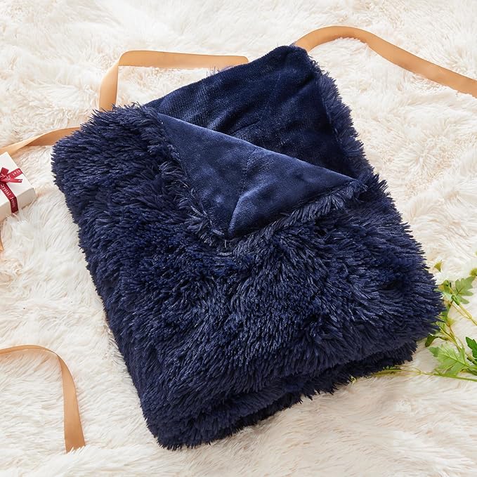 GONAAP Fuzzy Faux Fur Throw Blanket Twin Size Dark Navy Super Soft Cozy Plush Fuzzy Shaggy Blanket for Couch Sofa Bed (Dark Navy, Twin(60"x80"))-Ruum Studio Home