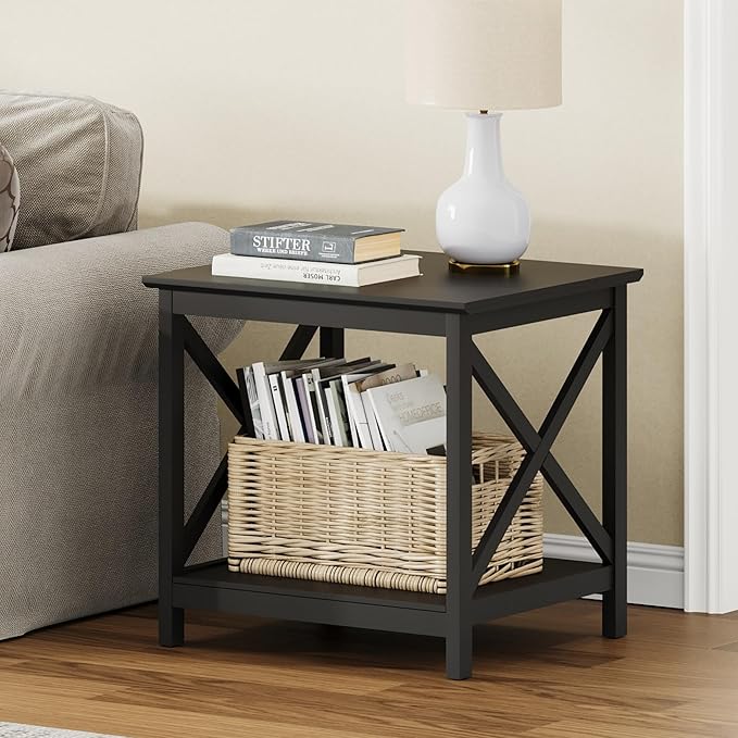 ChooChoo End Table, 24 Inch End Table with 2-Tier Storage Shelf, Side Table for Living Room, Wood Nightstand for Bedroom, Office, Painted Surface, Black-Ruum Studio Home