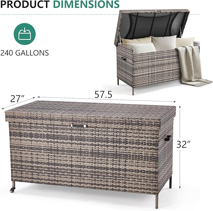 HOMREST Large Deck Box, Outdoor Wicker Storage Container with 240 Gallon, Patio Rattan Furniture for Garden Tools, Pillows, Pool, Brown-Ruum Studio Home