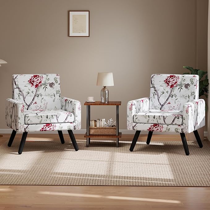 Kromax Mid-Century Modern Accent Chair Set of 2 for Living Room, 496 Lb. Weight Capacity, Dual Armrests, Comfy Extra Large Seat, Timeless Style Perfect for Reading & Relaxing, Red Floral-Ruum Studio Home