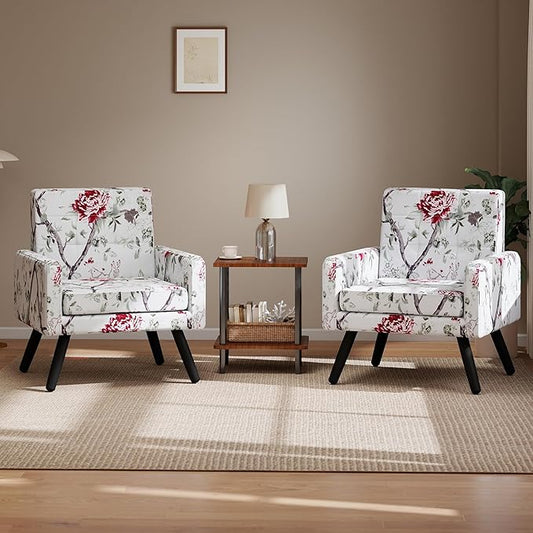 Kromax Mid-Century Modern Accent Chair Set of 2 for Living Room, 496 Lb. Weight Capacity, Dual Armrests, Comfy Extra Large Seat, Timeless Style Perfect for Reading & Relaxing, Red Floral-Ruum Studio Home